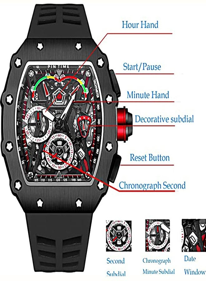 FANMIS Mens Luxury Tonneau Square Watches Analog Punk Chronograph Unique Sports Wrist Watch Japanese Movement Luminous Design with Rubber Band (Black Black) - Image 3